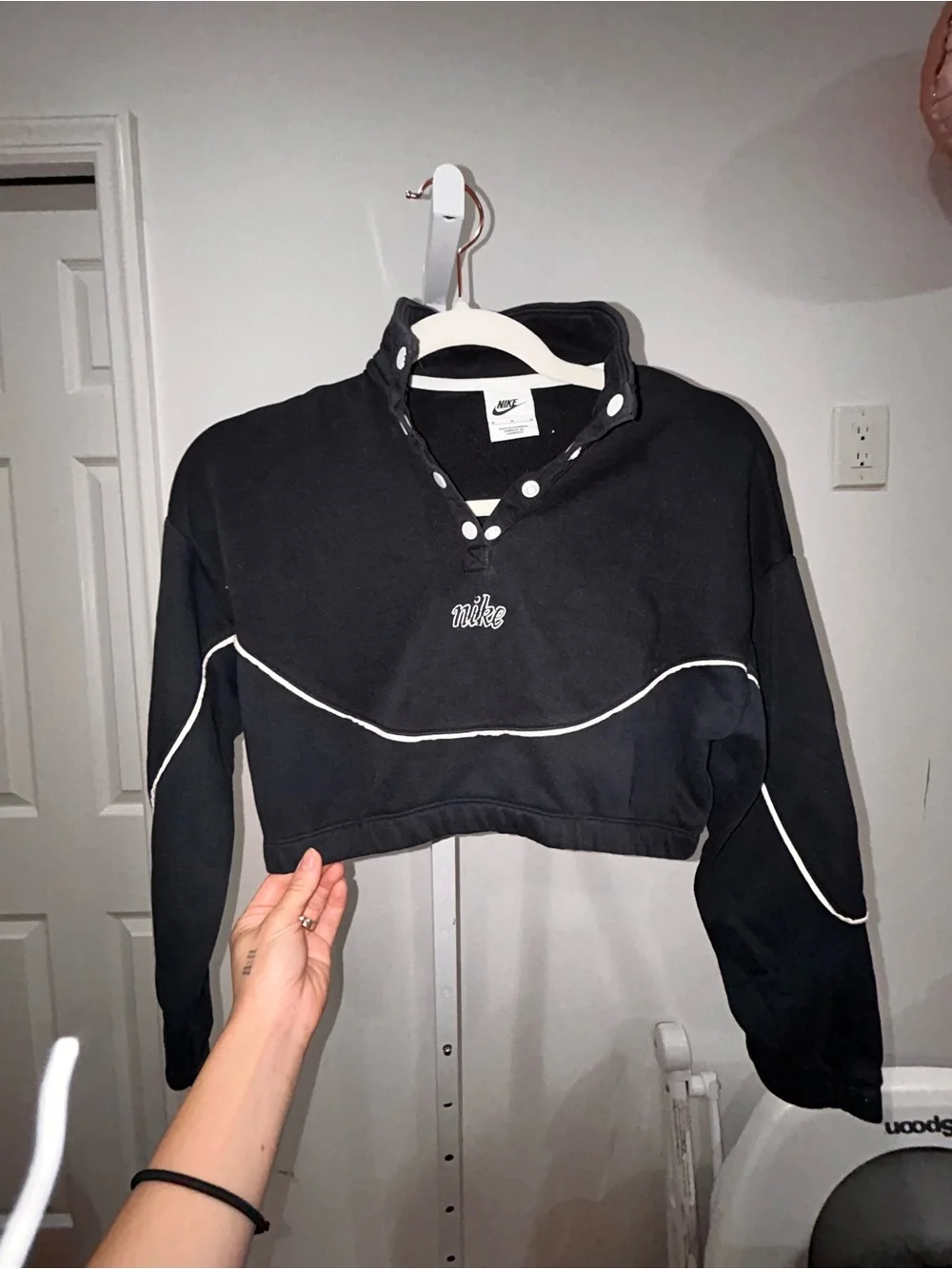 Nike Black Cropped Snap-Button Pullover with White Piping